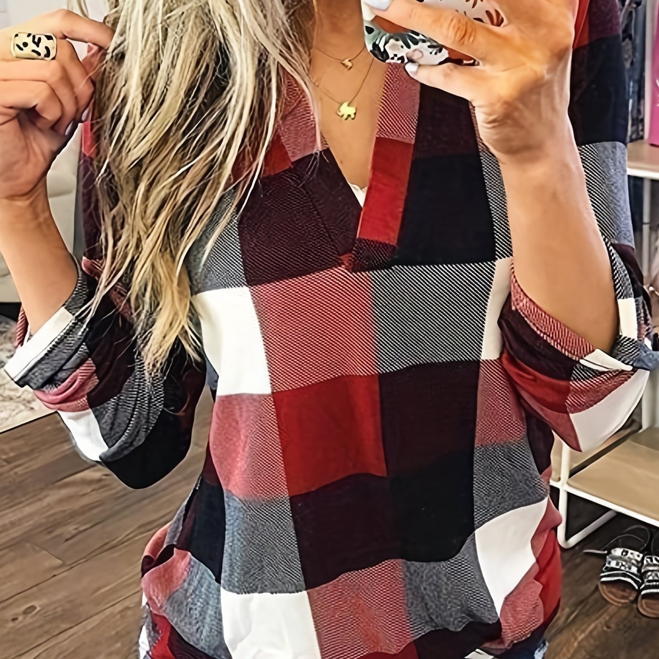 Antmvs  Casual Plaid Shirt, Long Sleeve V-neck Shirt,  Casual Every Day Tops, Women's Clothing