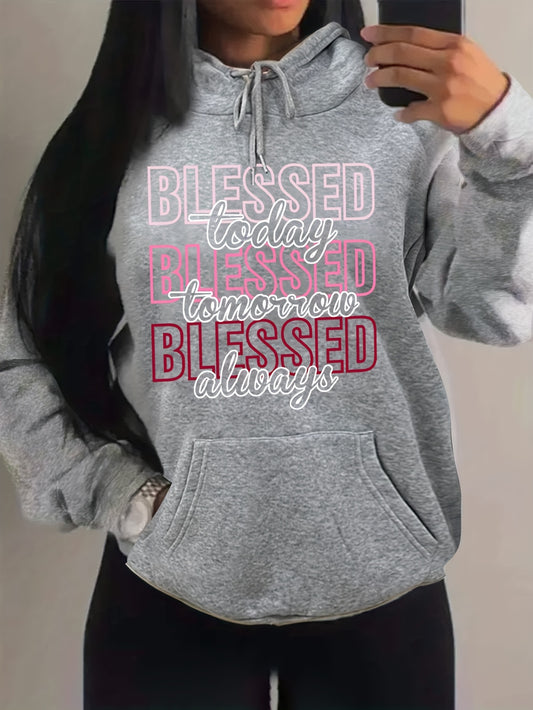 Antmvs Plus Size Casual Sweatshirt, Women's Plus Slogan Print Long Sleeve Drawstring Hooded Sweatshirt With Pockets