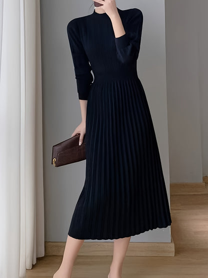 Antmvs Solid Pleated Midi Dress, Elegant Mock Neck Long Sleeve Dress, Women's Clothing