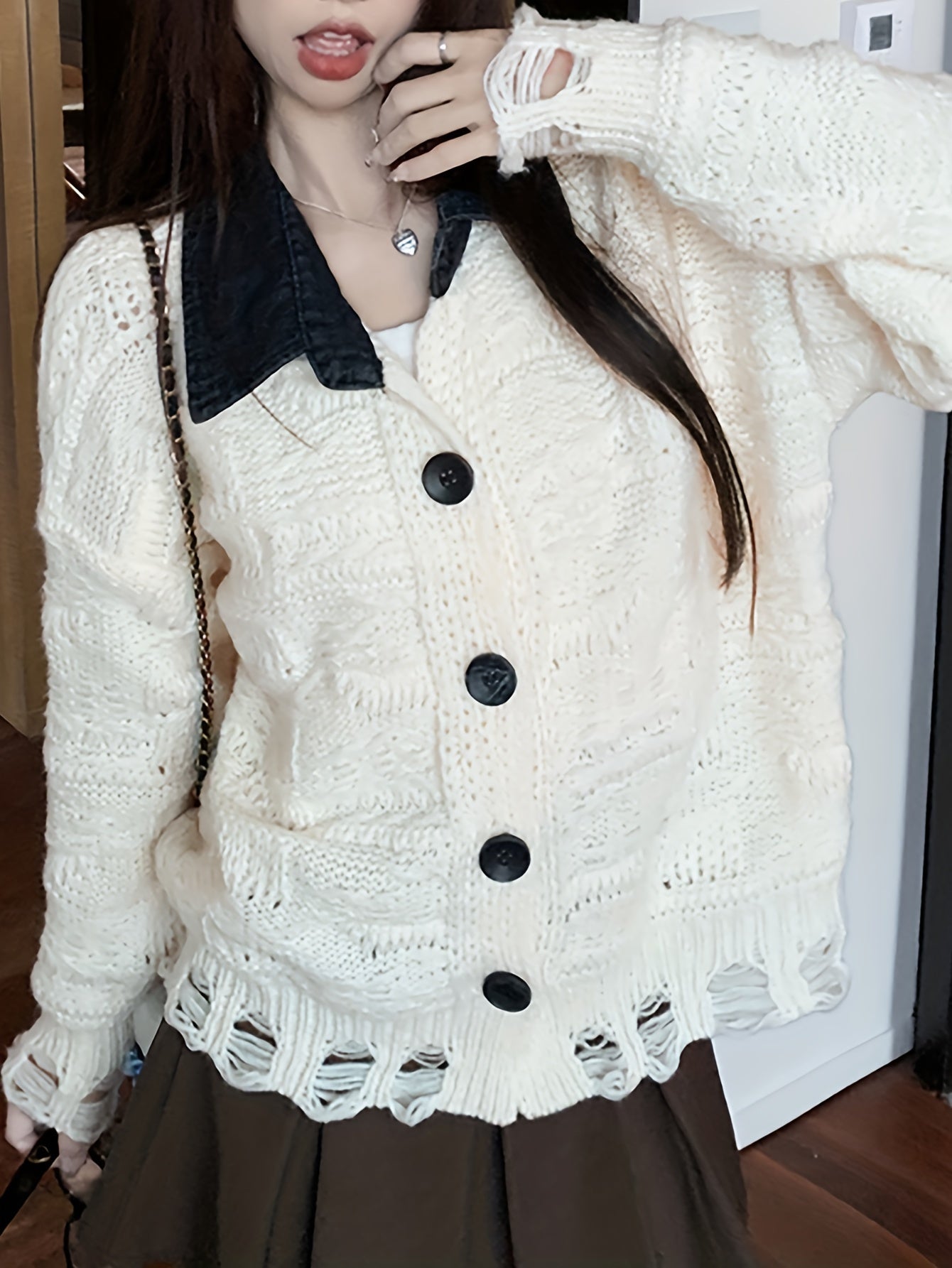 Antmvs Color Block Button Up Knit Cardigan, Casual Turndown Collar Long Sleeve Ripped Sweater, Women's Clothing