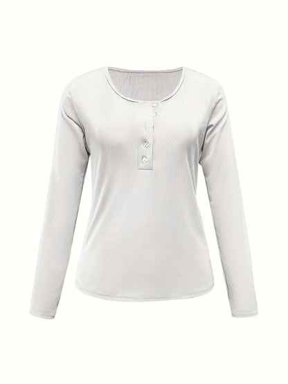 Antmvs Solid Ribbed Button Front T-Shirt, Casual Slim Long Sleeve Top For Spring & Fall, Women's Clothing