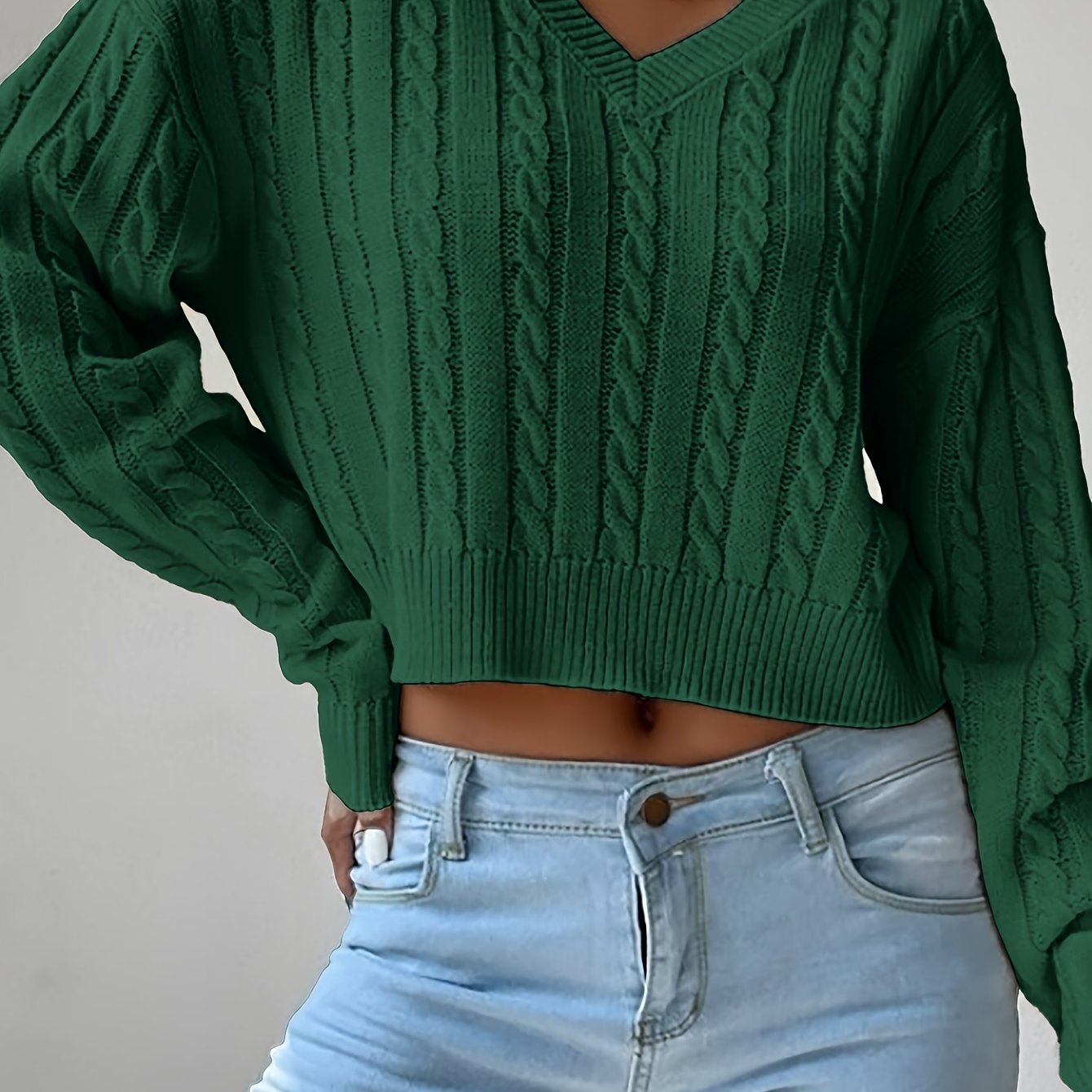 Antmvs Cable Knit V Neck Pullover Sweater, Casual Solid Long Sleeve Crop Sweater, Women's Clothing