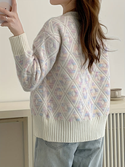 Antmvs Floral Pattern Button Down Knit Cardigan, Elegant Long Sleeve Loose Sweater, Women's Clothing