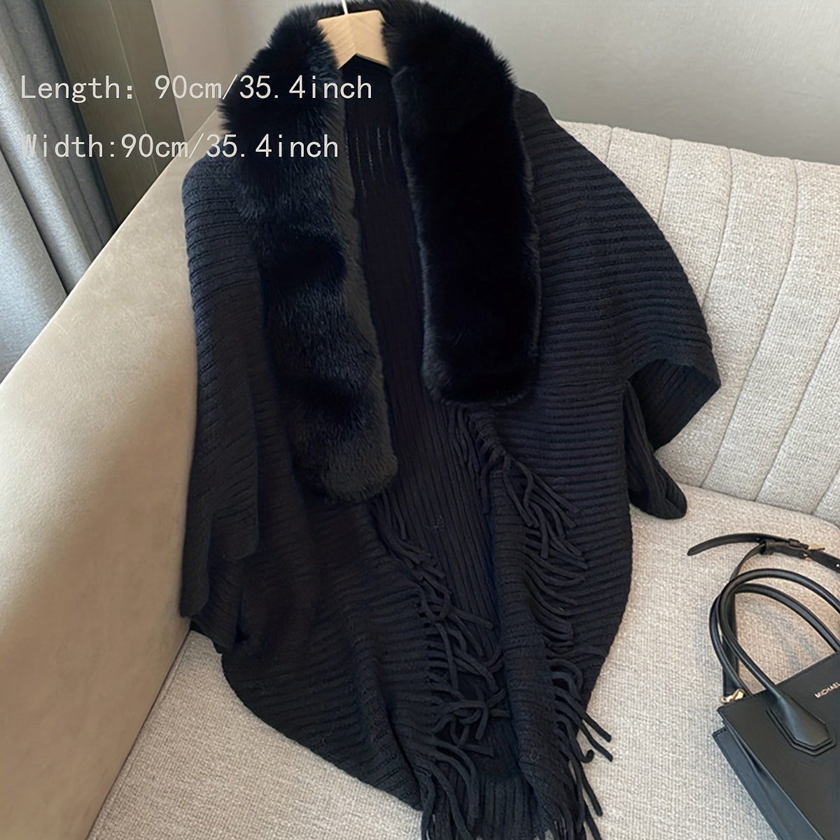 Antmvs Winter Faux Fur Collar Shawl Cape Solid Color Warm Shawl Coat Casual Loose Outer Wear Knit Shawl Wrap