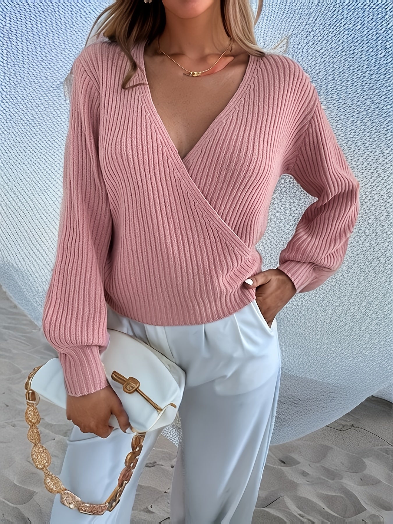Antmvs Solid Surplice Neck Knitted Sweater, Casual Long Sleeve Fashion Sweater, Women's Clothing