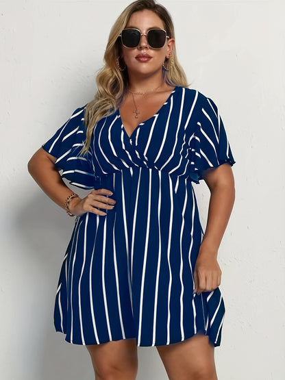 Antmvs Plus Size Casual Dress, Women's Plus Stripe Print Short Sleeve Surplice Neck Mini Dress