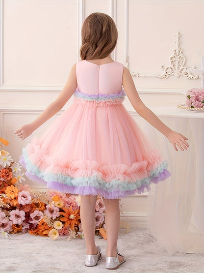 Toddler Girl Rainbow Colorful Gauze Sleeveless Puffy Princess Dress, Kids Party Catwalk Piano Performance Formal Dress