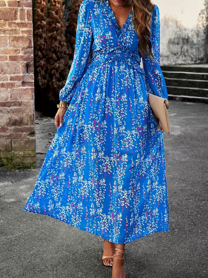 Antmvs Floral Print Maxi Dress, Casual V Neck Long Sleeve Dress, Women's Clothing