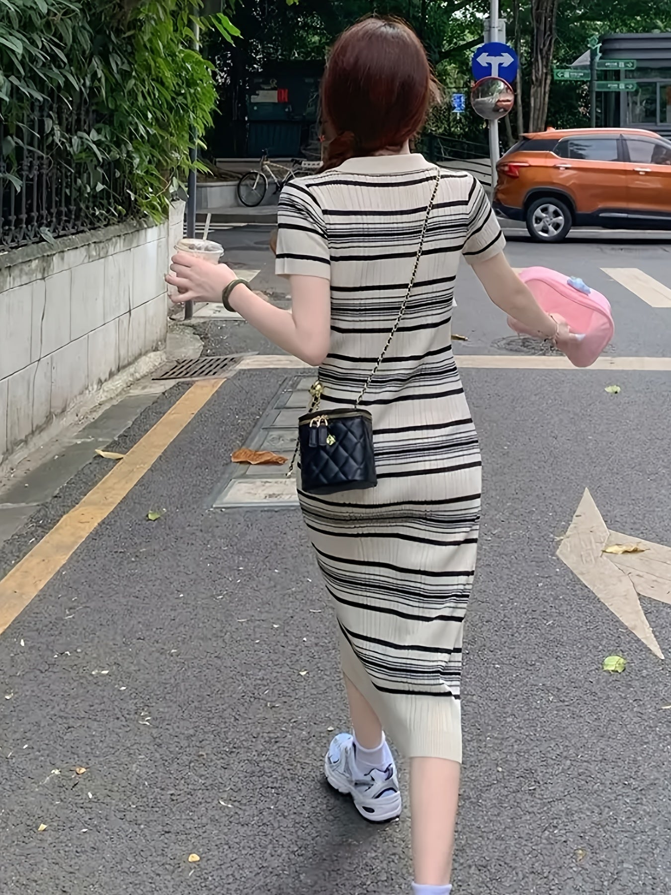 Antmvs Striped Print Collar Dress, Casual Short Sleeve Bodycon Summer Dress, Women's Clothing