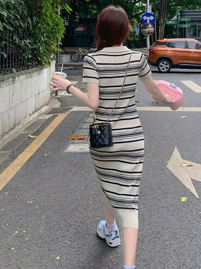 Antmvs Striped Print Collar Dress, Casual Short Sleeve Bodycon Summer Dress, Women's Clothing