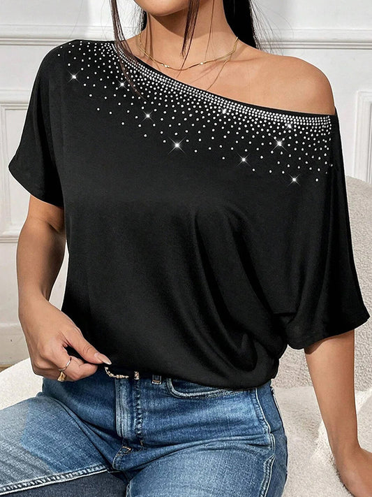 Antmvs Split-Joint Rhinestone Loose Batwing Sleeves One-Shoulder T-Shirts