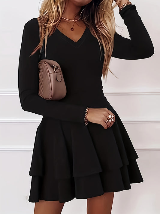 Antmvs Solid Layered Dress, Casual V Neck Long Sleeve Dress, Women's Clothing