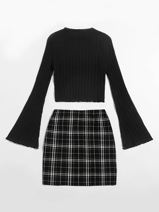 Antmvs Elegant Slim Two-piece Set, Preppy Knitted Flare Sleeve Top & High Waist Plaid Skirt Outfits, Women's Clothing