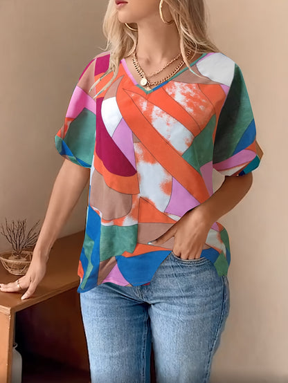 Antmvs  Abstract Print V Neck Blouse, Casual Short Sleeve Blouse For Spring & Summer, Women's Clothing