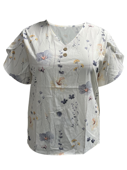 Plus Size Floral Print V Neck Short Sleeve Blouse - Soft Slight Stretch Polyester Fabric, Vacation-Ready, Summer Essential - Womens Casual Shirt for Spring and Summer Seasons