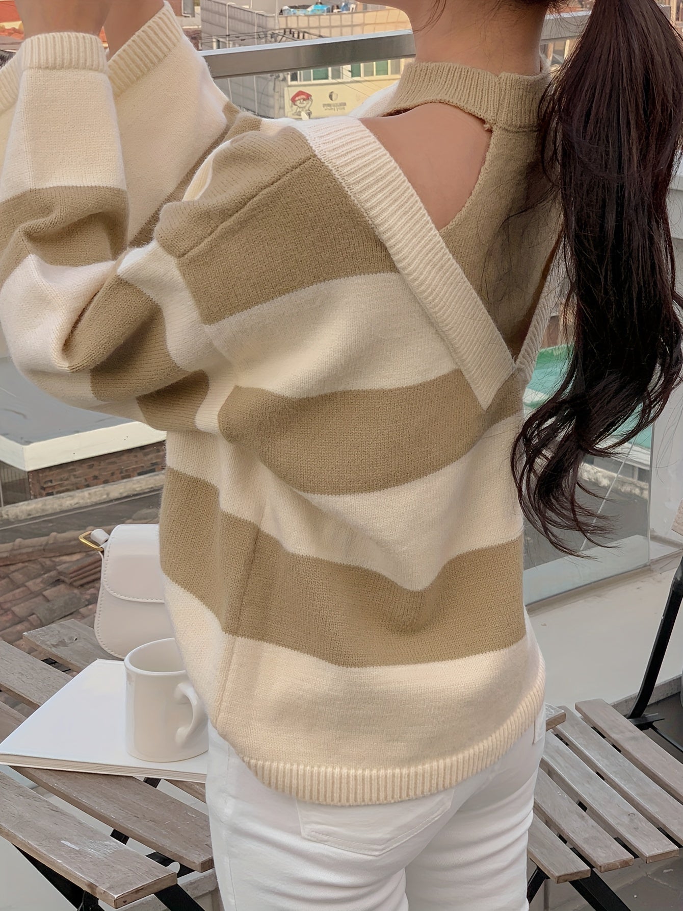 Antmvs Striped Cut Out Loose Pullover Sweater, Casual Mock Neck Long Sleeve Sweater, Women's Clothing