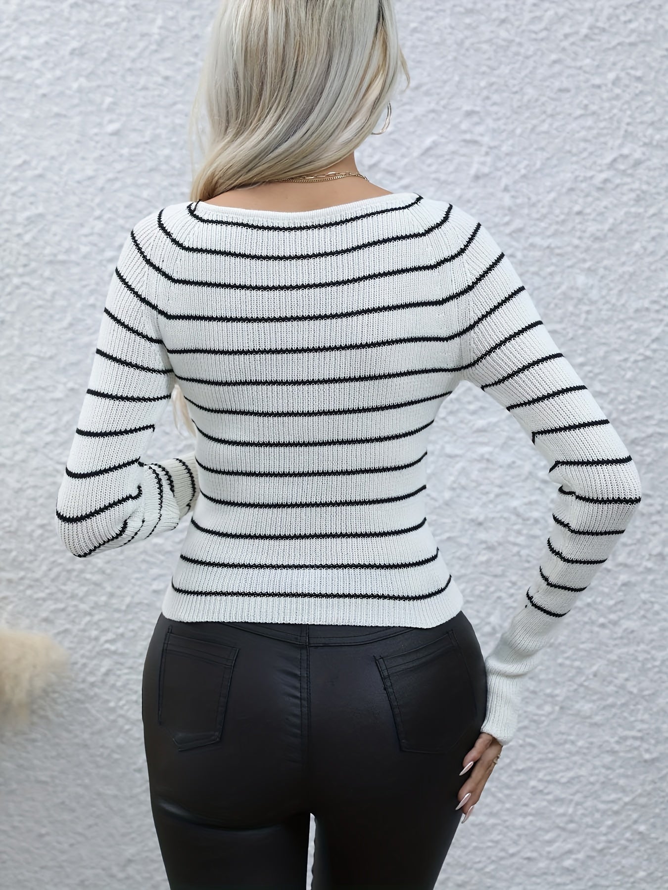 Antmvs Striped Slim Pullover Sweater, Casual Long Sleeve Sweater, Women's Clothing