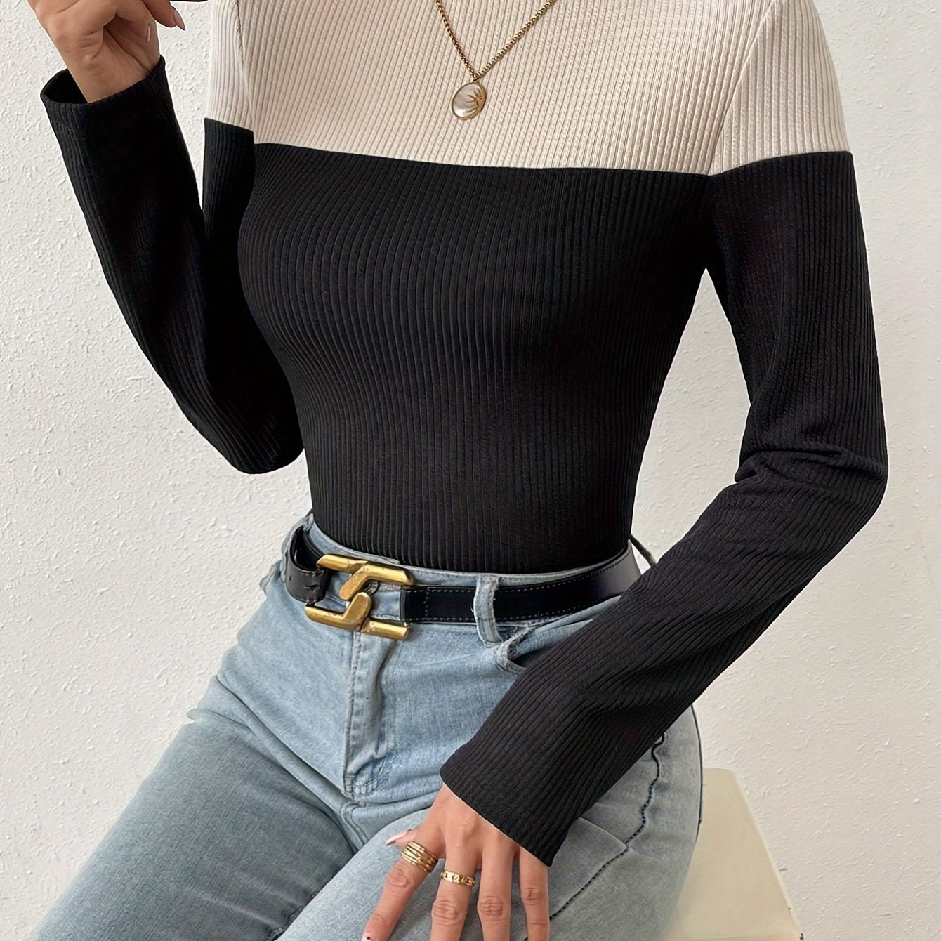 Antmvs Ribbed Colorblock Mock Neck T-Shirt, Casual Long Sleeve Top For Spring & Fall, Women's Clothing