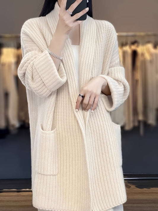 Antmvs Solid Open Front Knit Cardigan, Casual Long Sleeve Drop Shoulder Sweater With Pocket, Women's Clothing