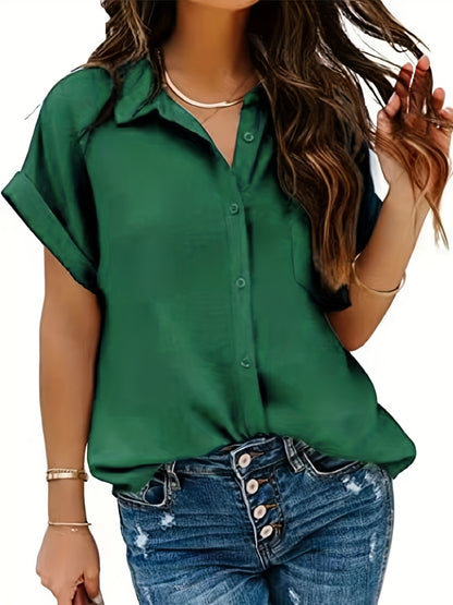 Antmvs  Solid Button Front Shirt, Casual Turn Down Collar Short Sleeve Shirts, Women's Clothing