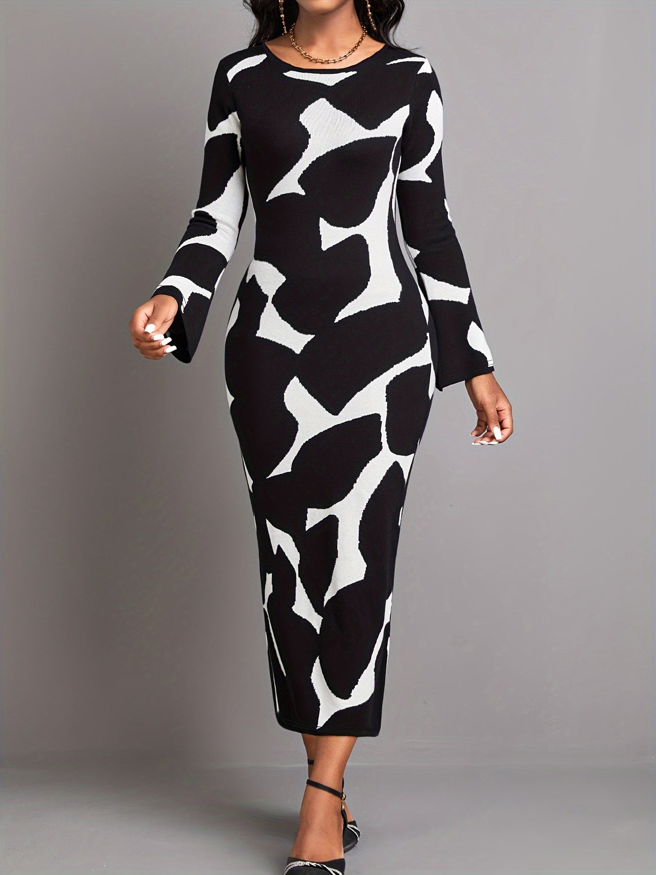 Antmvs Allover Print Crew Neck Bodycon Dress, Elegant Long Sleeve Midi Dress, Women's Clothing