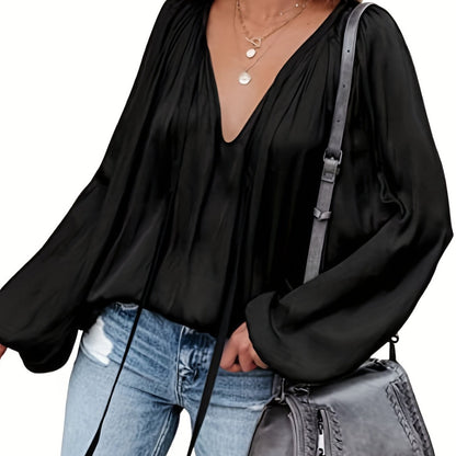 Antmvs  Lantern Long Sleeve Satin Blouse, Elegant V Neck Tops For Spring & Summer, Women's Clothing