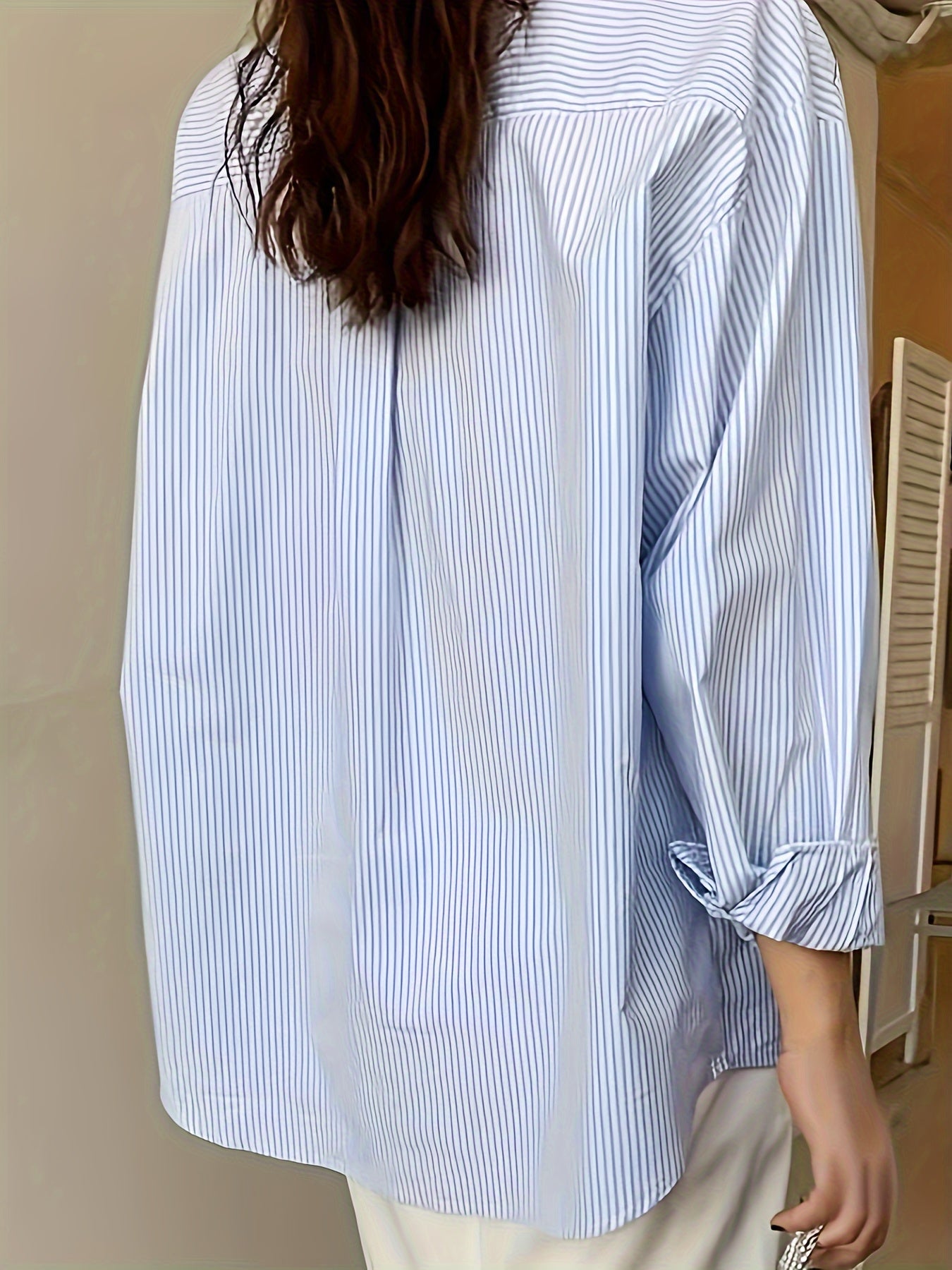 Antmvs Striped Print Patched Pocket Shirt, Vintage Long Sleeve Drop Shoulder Shirt, Women's Clothing
