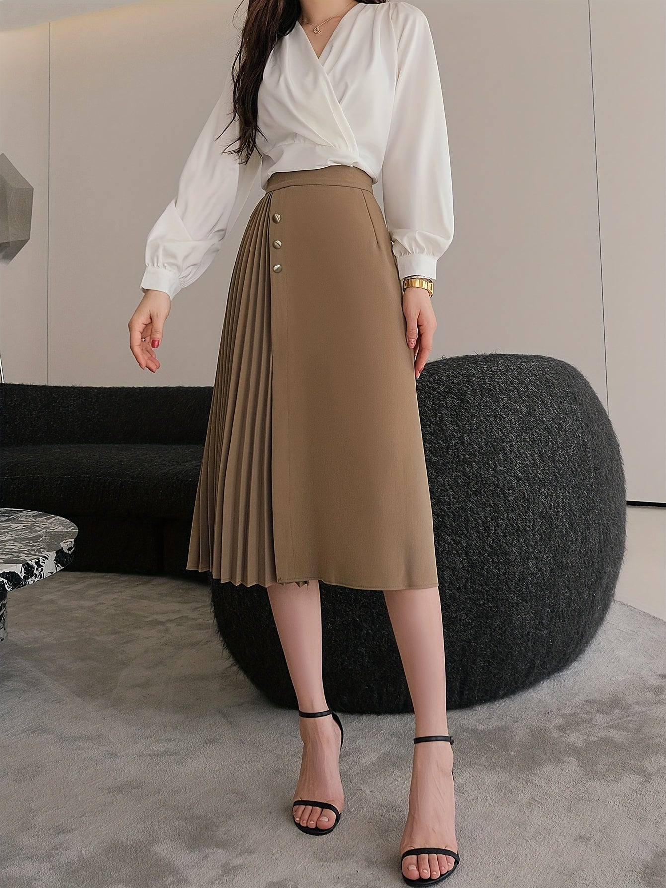 Antmvs Solid High Waist Pleated Skirt, Elegant Button A Line Midi Skirt, Women's Clothing