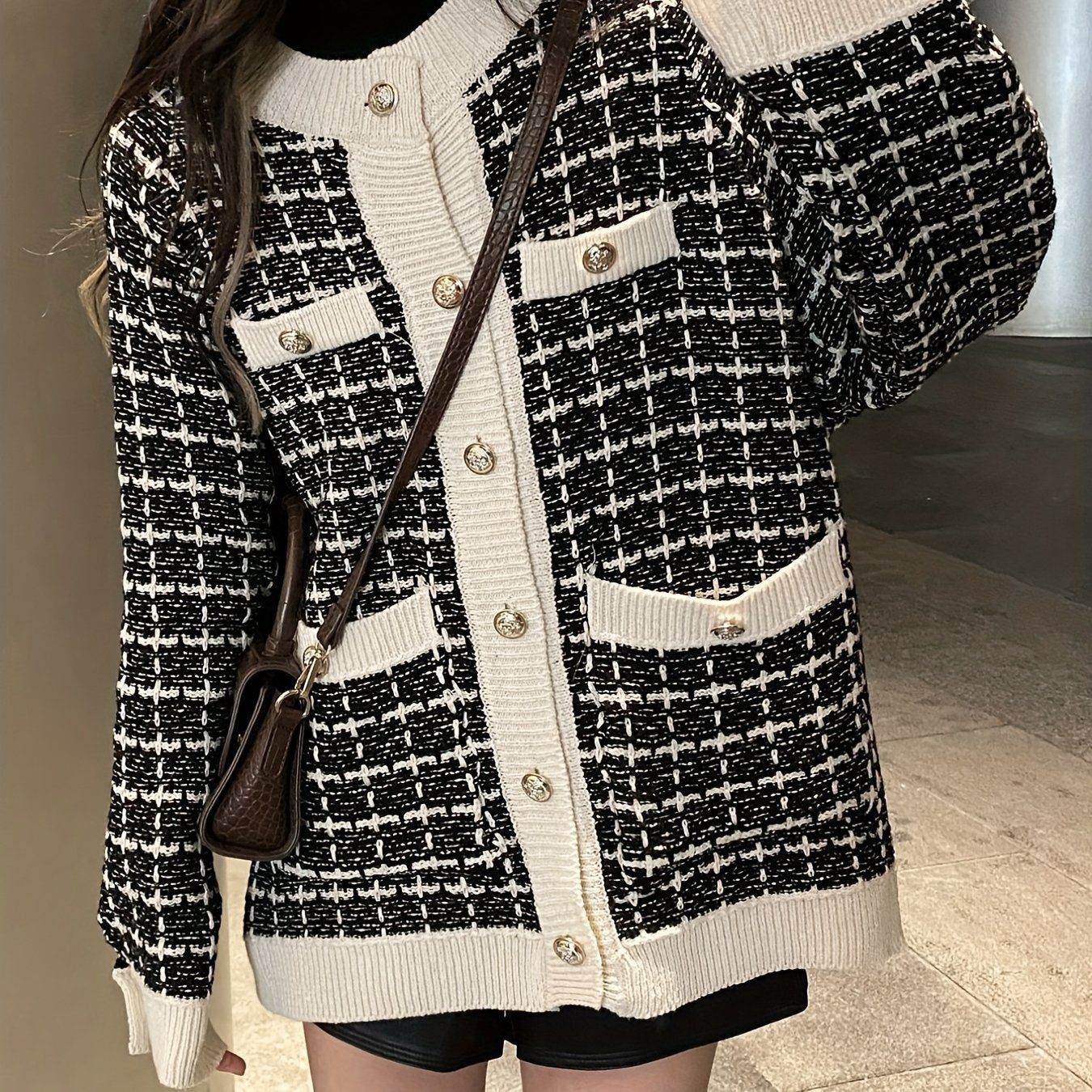 Antmvs Preppy Plaid Pattern Button Up Pocket Cardigan, Casual Long Sleeve Cardigan For Fall & Winter, Women's Clothing