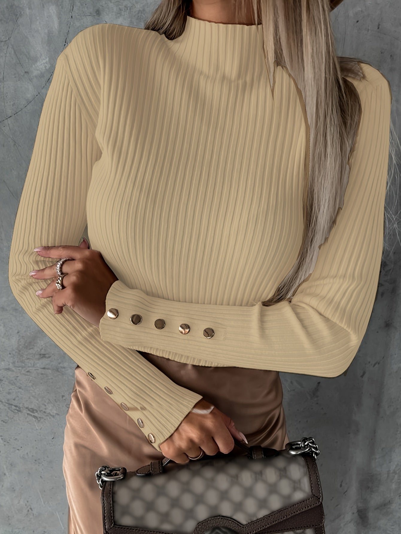 Antmvs High Neck Ribbed Thin Fabric Top, Casual Button Long Sleeve Pullover, Women's Clothing