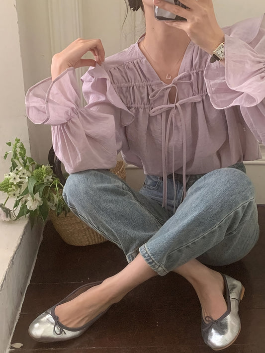 Antmvs Solid Ruffle Trim Tie Front Blouse, Sweet Long Sleeve Blouse For Spring & Fall, Women's Clothing