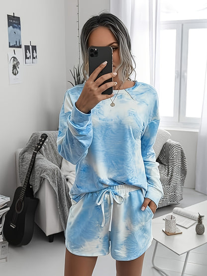 Antmvs Tie Dye Two-piece Set, Casual Long Sleeve Crew Neck T-shirt & Drawstring Shorts Outfits, Women's Clothing