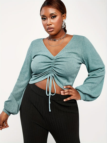 Antmvs Plus Size Y2K Solid Rib Knit Drawstring Front Ruched Crop Top, Women's Plus Sexy Slight Stretch Knit Top