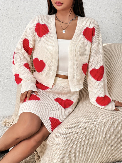 Antmvs Heart Pattern Sweater Two-piece Set, Open Front Long Sleeve Cardigan & Knitted Bag Hip Skirts Outfits, Women's Clothing