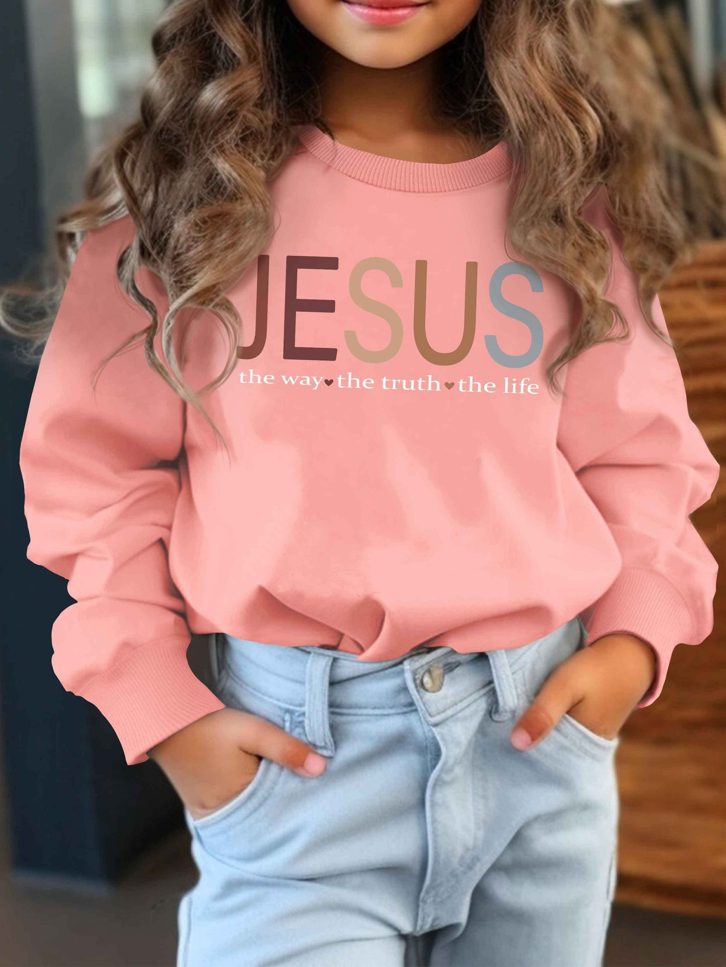 Vibrant Jesus Graphic Sweatshirt - Soft Crew Neck, Casual Sporty Style, Outdoor Wear, Gift Idea for Girls, Kids' Clothing, Relaxed Fit, Comfortable Fabric