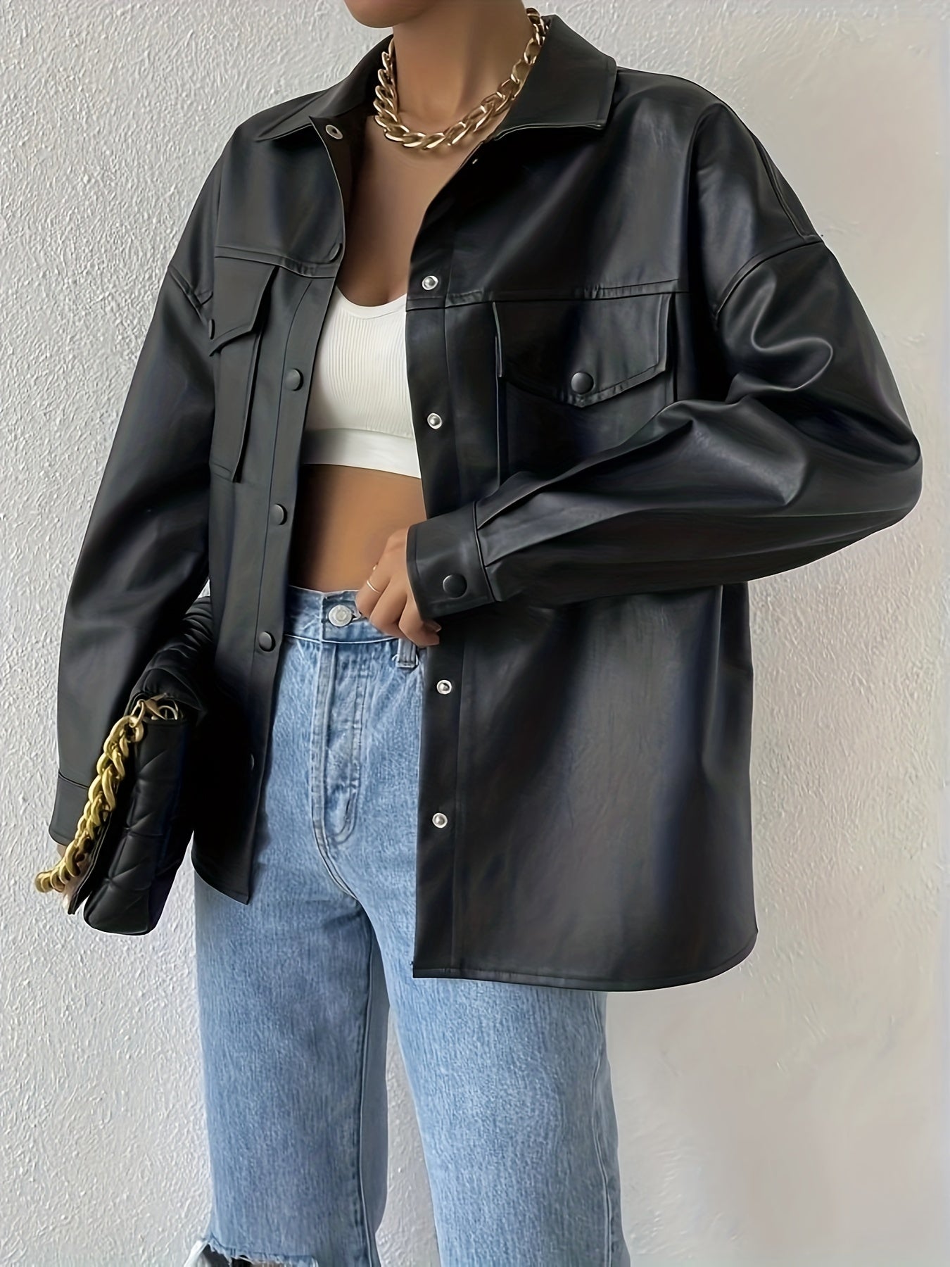 Antmvs Faux Leather Flap Pockets Jacket, Vintage Long Sleeve Drop Shoulder Solid Outwear , Women's Clothing