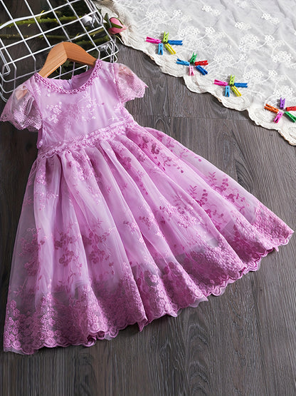 Toddler Kid's Elegant Lace Mesh Dress, Solid Color Cap Sleeve Princess Dress, Baby Girl's Clothing For Formal Occasion/Birthday Party/Photography