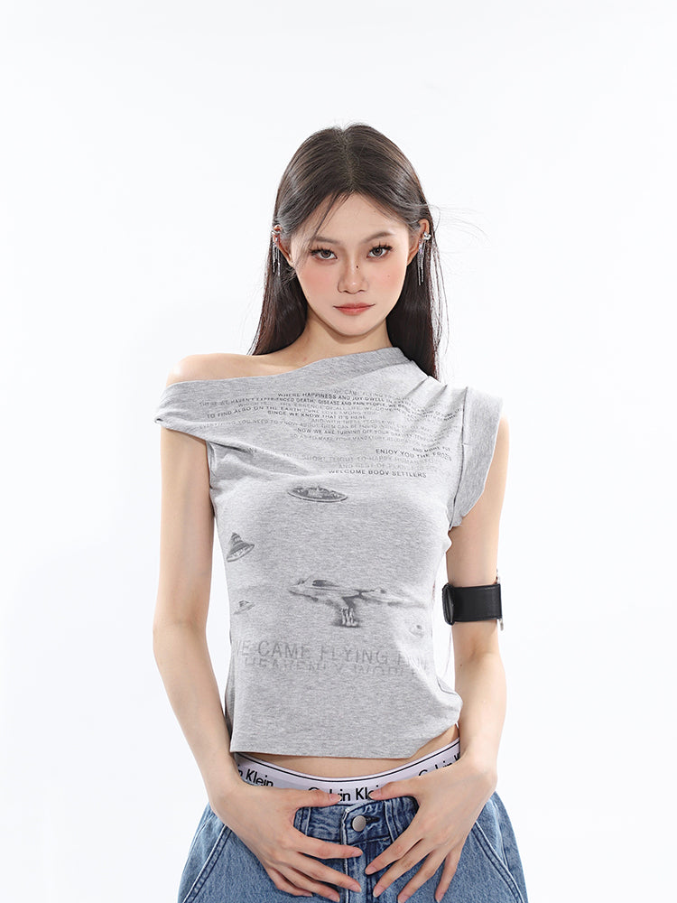 Antmvs Loid Solid Color Graphic Letter Print Off-the-Shoulder Irregular Slim Slanted Shoulder Top