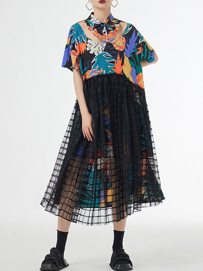 Antmvs Split-Joint Printed Mesh Hollow Buttoned Short Sleeves Loose Lapel Midi Dresses