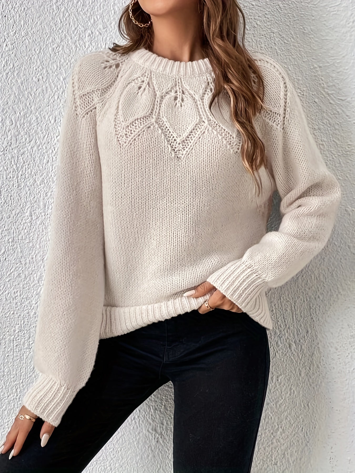 Antmvs Solid Versatile Knit Sweater, Casual Crew Neck Long Sleeve Sweater, Women's Clothing