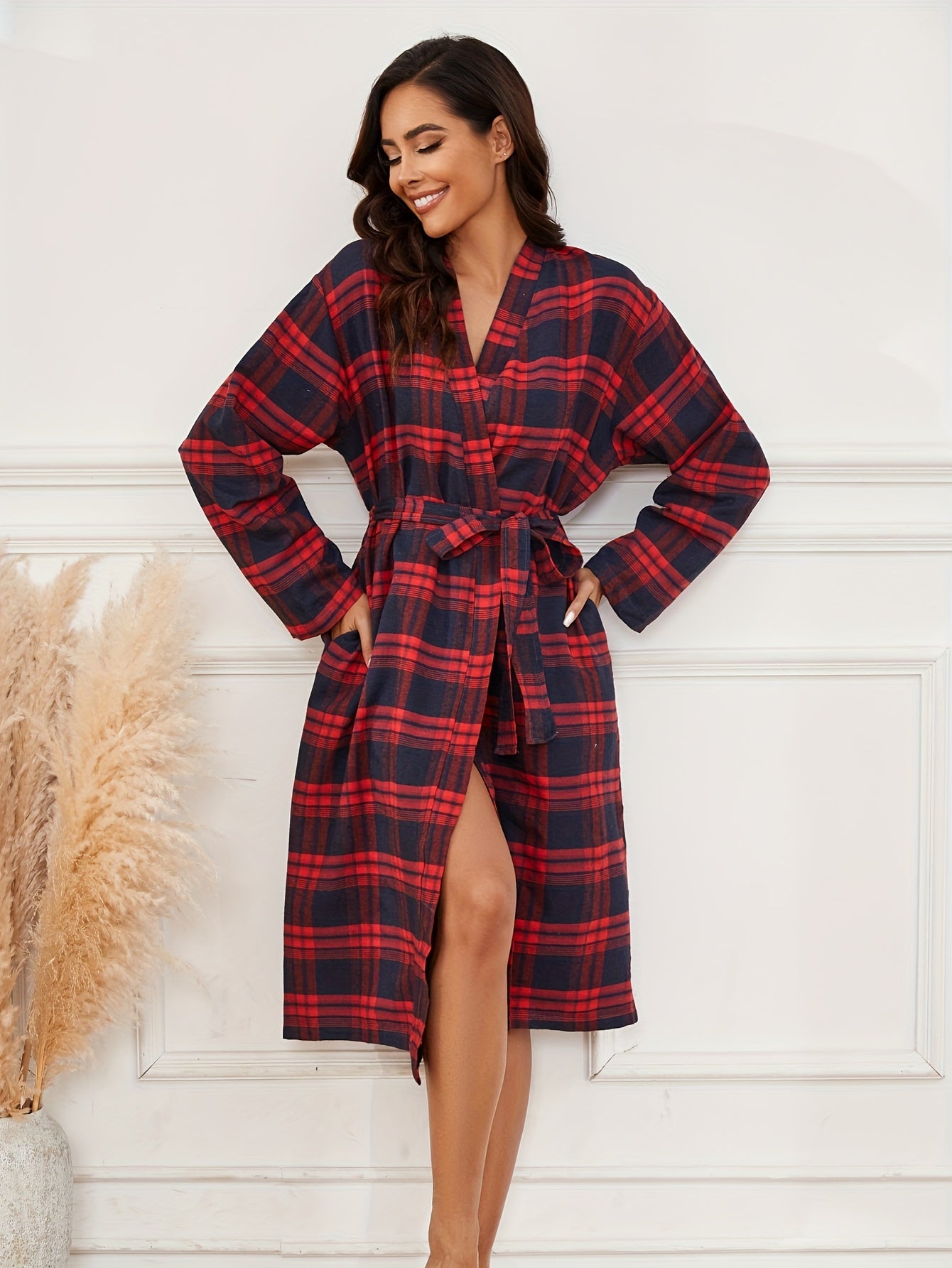 Plaid Chic Womens Robe - Stylish & Cozy, Dual-Pocket Lounge Wear with Long Sleeves and Belt Closure for Ultimate Comfort