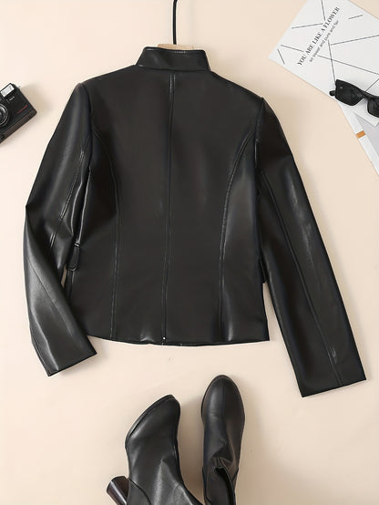 Antmvs Solid Button Front Jacket, Elegant Long Sleeve Pu Leather Outwear, Women's Clothing