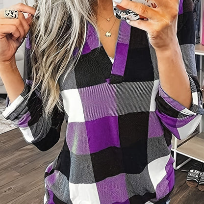 Antmvs  Casual Plaid Shirt, Long Sleeve V-neck Shirt,  Casual Every Day Tops, Women's Clothing