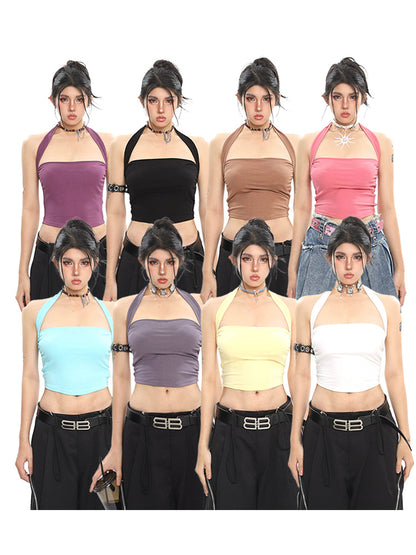 Antmvs Lila Solid Color Basic Halter Multi-Color Stretch Slim Cropped Top