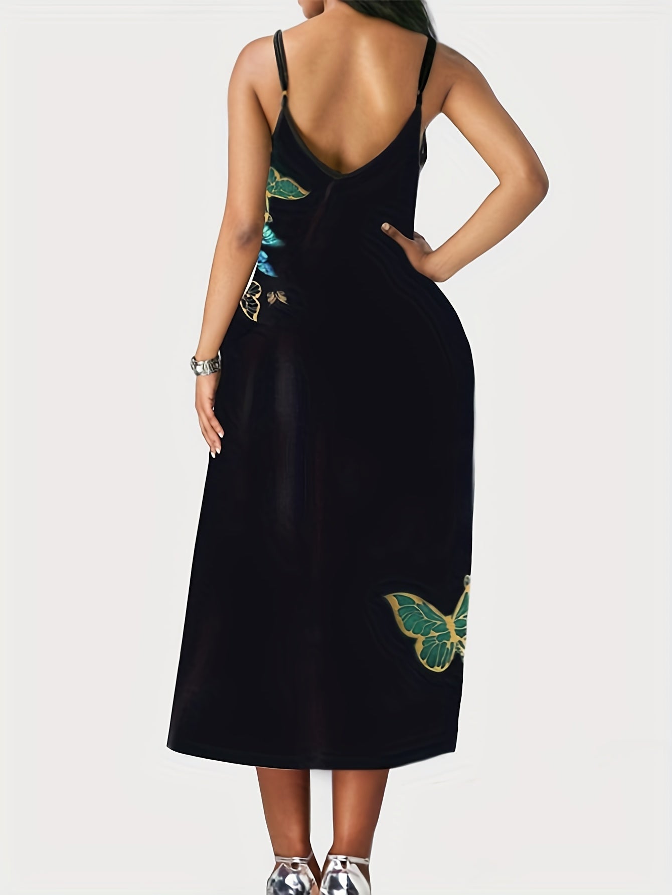 Antmvs Plus Size Casual Dress, Women's Plus Butterfly Print V Neck Slight Stretch Cami Maxi Dress