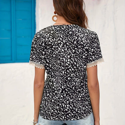 Antmvs  Floral Print V Neck Blouse, Casual Short Sleeve Top For Summer & Spring, Women's Clothing