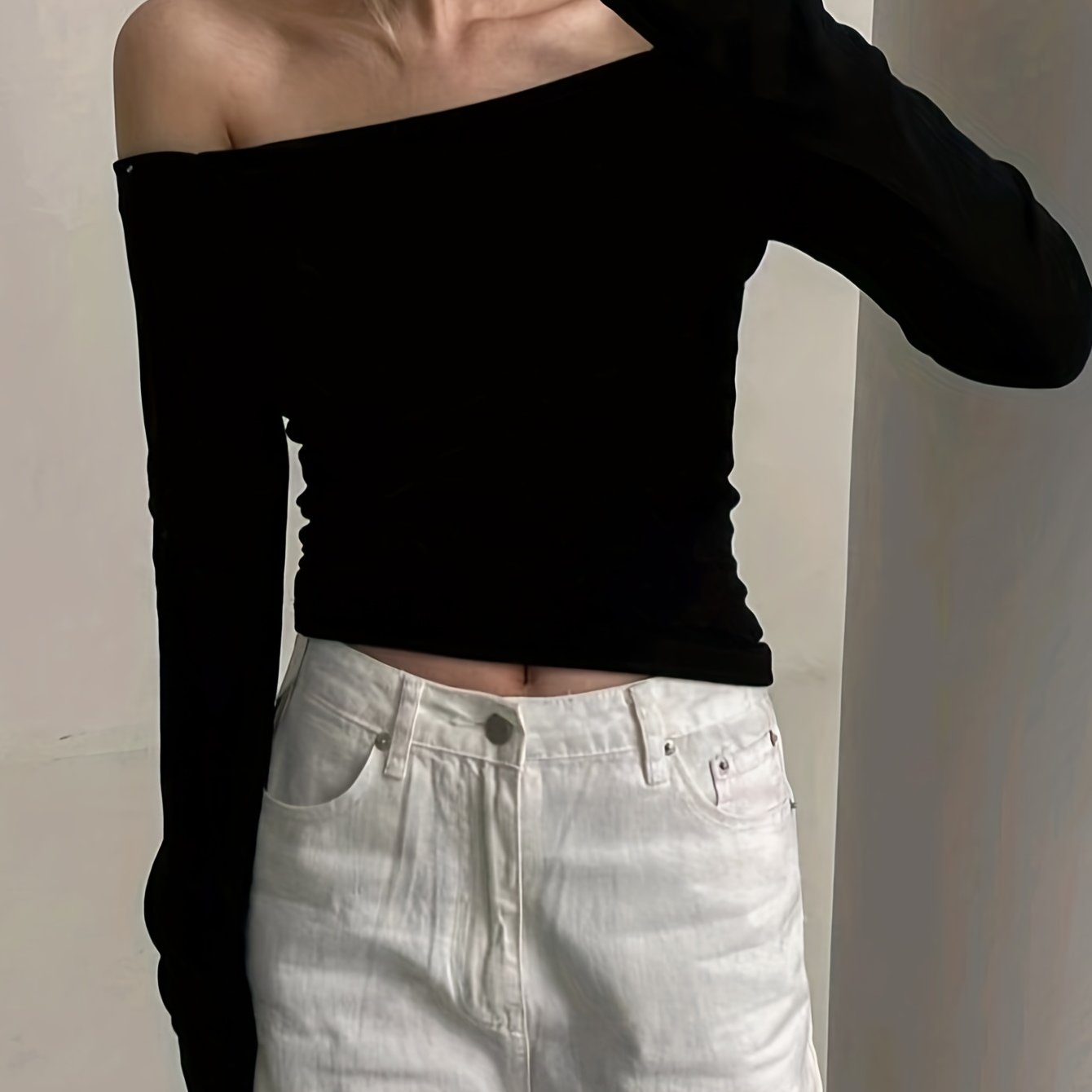 Antmvs Solid Off Shoulder T-Shirt, Casual Slim Long Sleeve Top For Spring & Fall, Women's Clothing