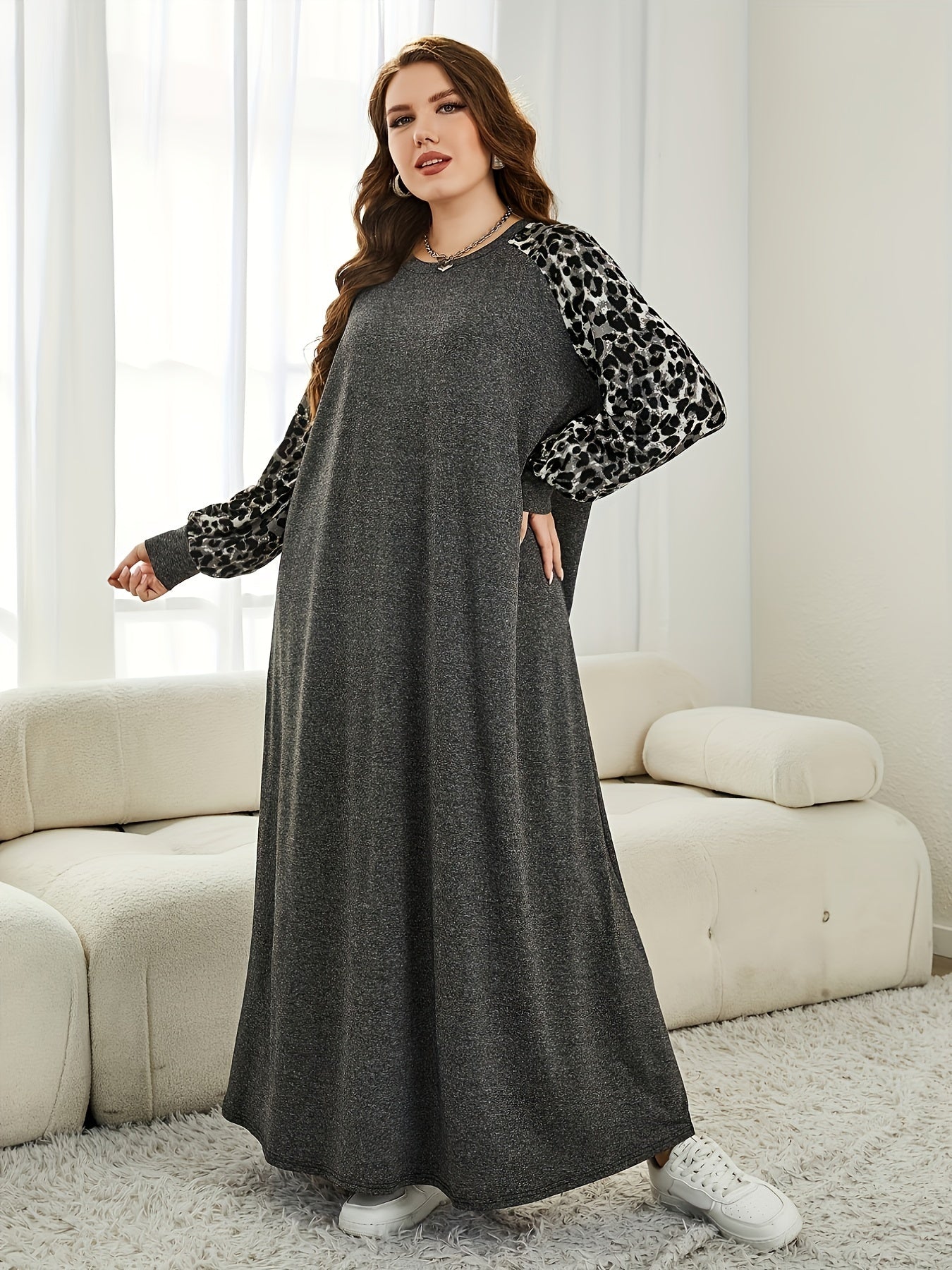 Antmvs Plus Size Casual Dress, Women's Plus Colorblock Leopard Print Lantern Sleeve Round Neck Medium Stretch Maxi Dress