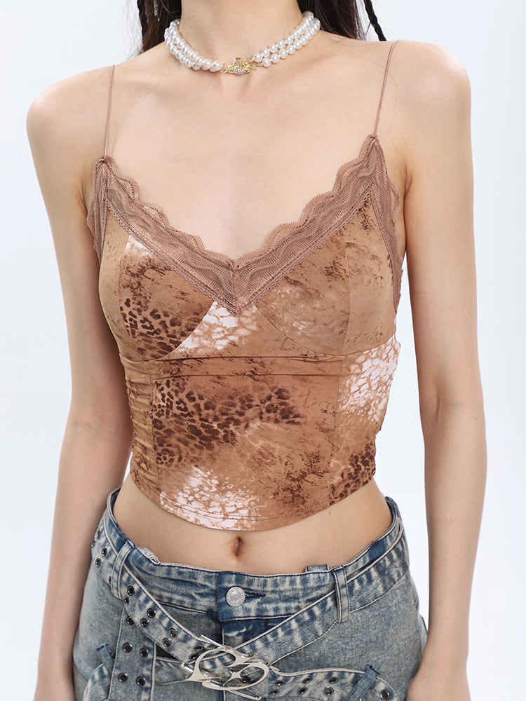 Antmvs Julia Leopard-print Lace Patchwork Spaghetti V-Neck Slim Strap Camisole Top