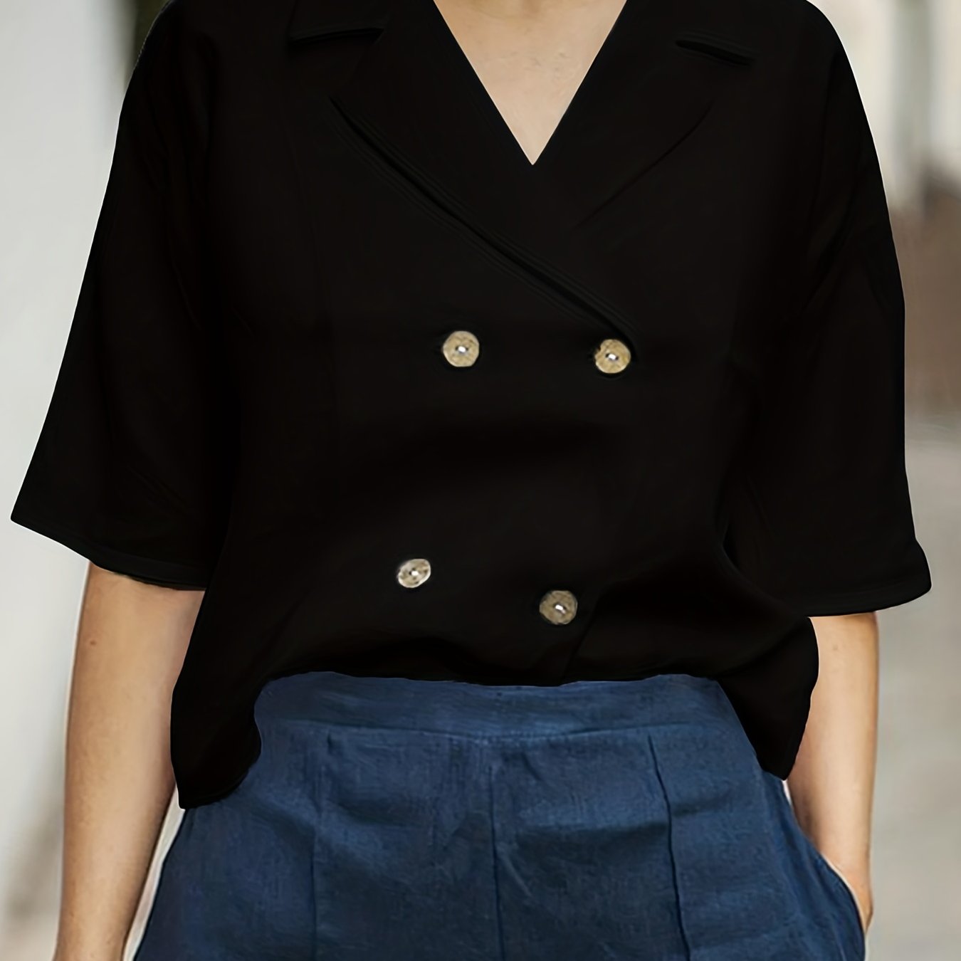 Antmvs Half Sleeve Lapel Collar Blazer, Casual Solid Blazer For Spring & Summer, Women's Clothing